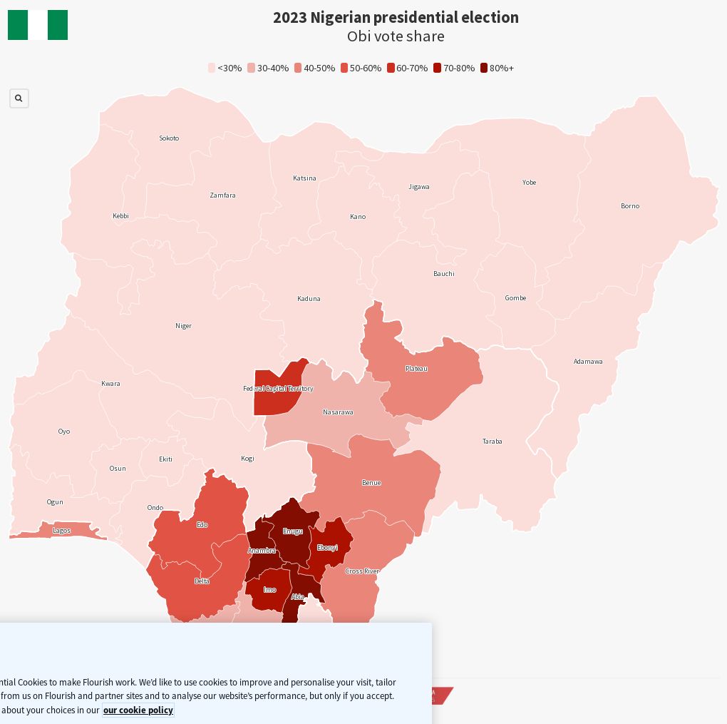 Nigerian presidential election results (Obi vote share) Flourish