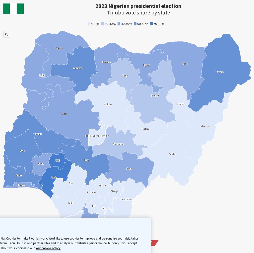 Nigerian presidential election results (Tinubu vote share) Flourish