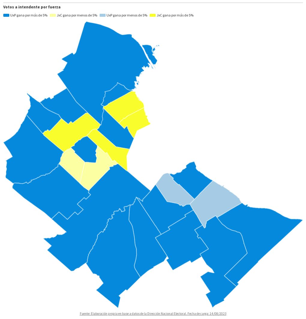 El mapa electoral del conurbano bonaerense - JxC vs UxP | Flourish