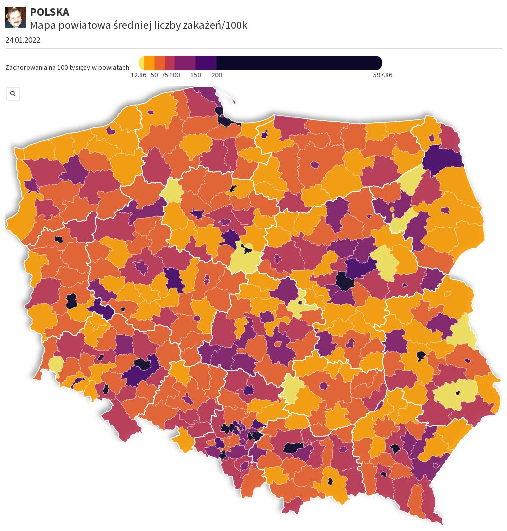 20220124 Mapa Powiatowa Zakażeń100k Flourish 