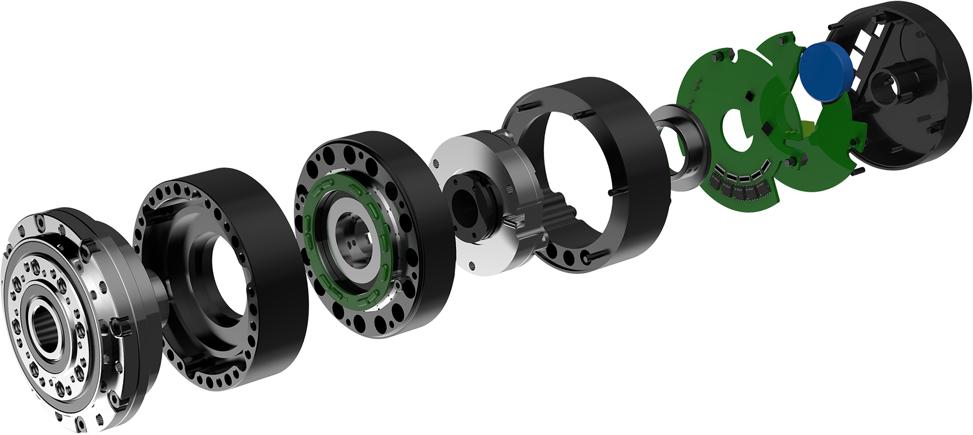 An exploded view of a robot actuator, showing different components like a brushless DC motor, reduction gear system, sensors, and motor drive boards.