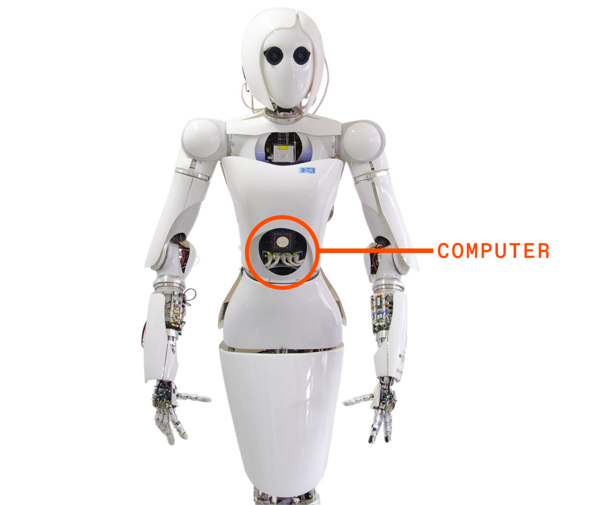 Humanoid robot Aila, with a mechanical body covered by white plastic casings, looks forward, with arrows indicating where its computer is located.