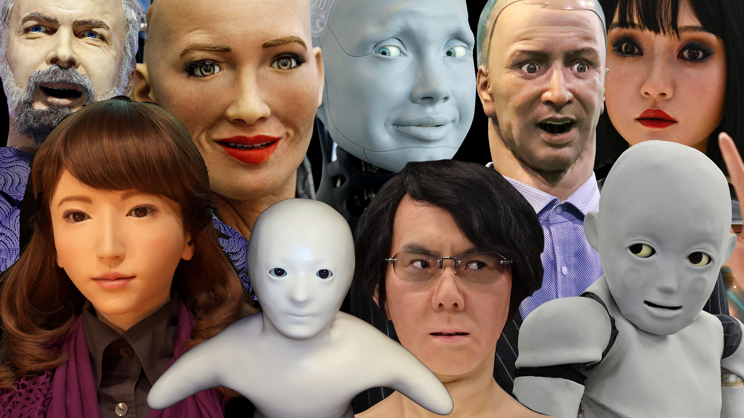 Photo collage showing nine creepy lifelike robot heads.