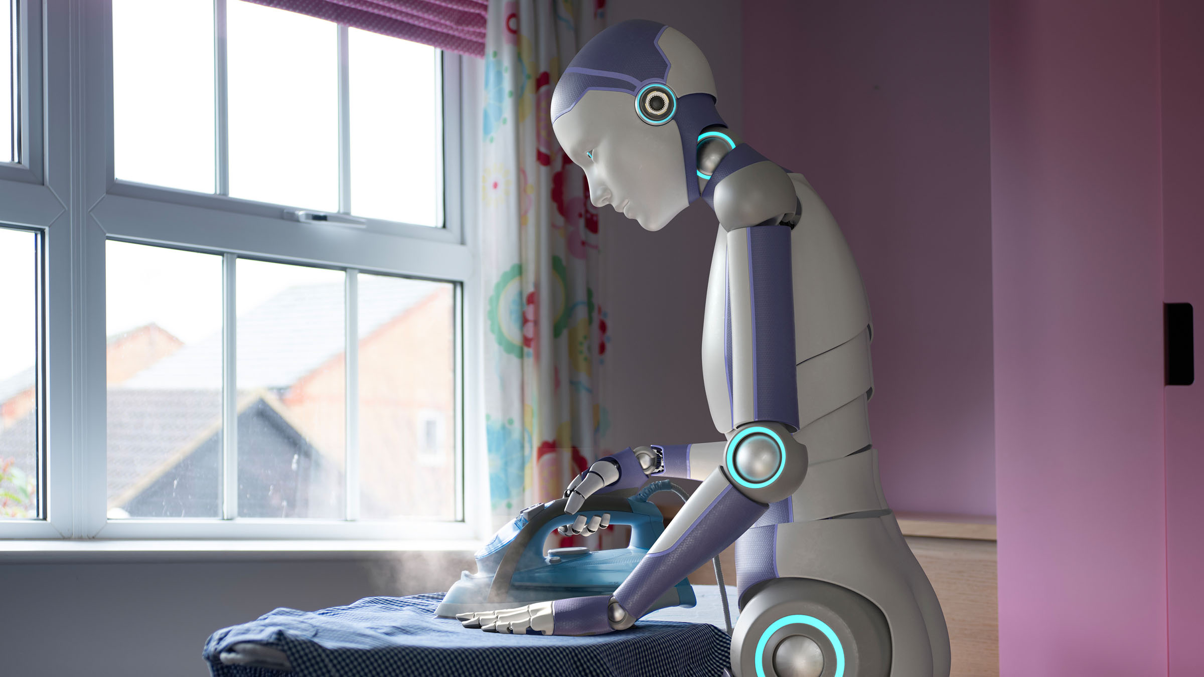 A digital illustration shows a humanoid robot with purple and white body ironing a shirt next to a window in a room with pink walls.