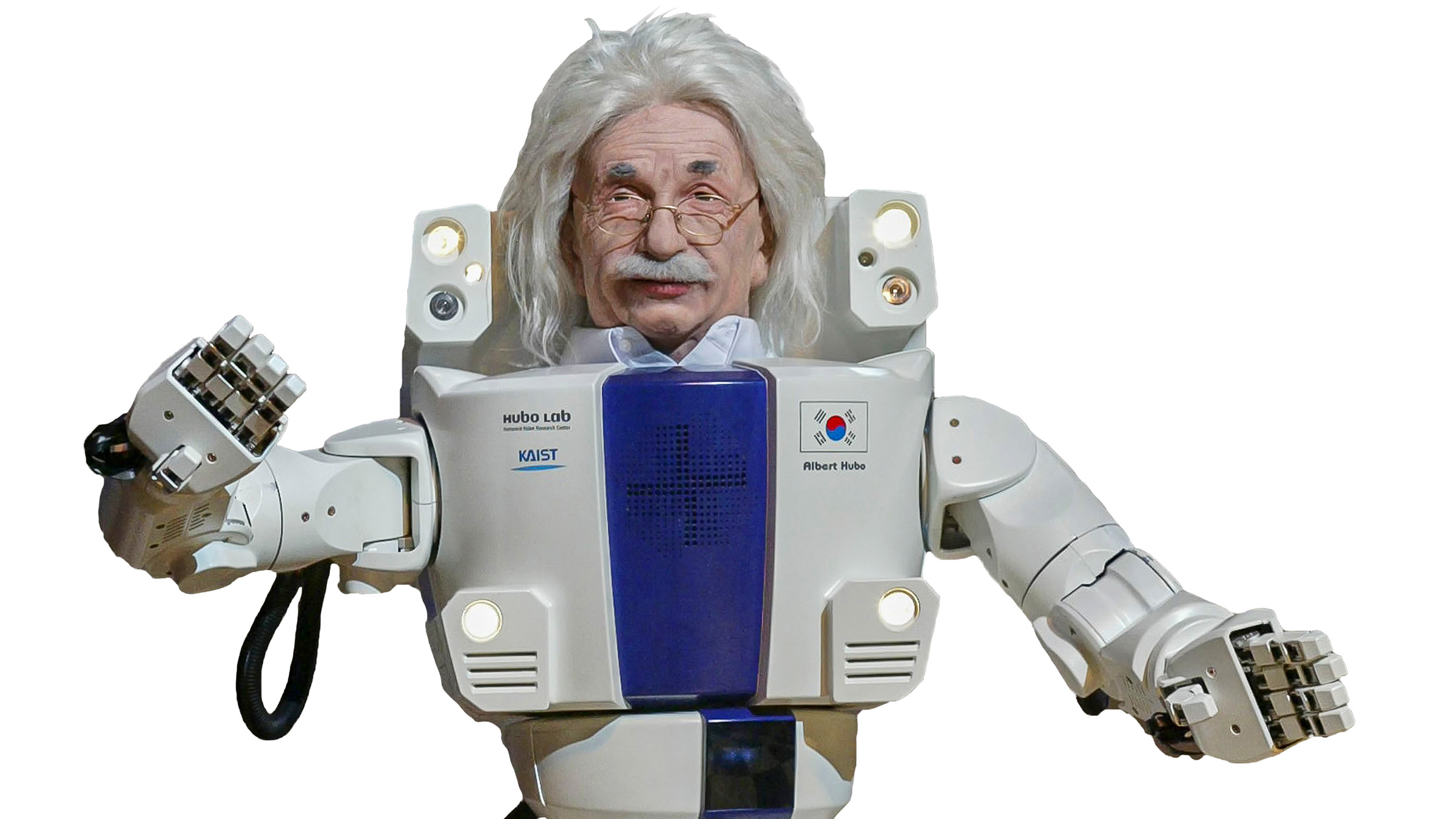 Albert Hubo, a lifelike humanoid robot with a robotic body and a head that's a copy of Albert Einstein's looks forward.