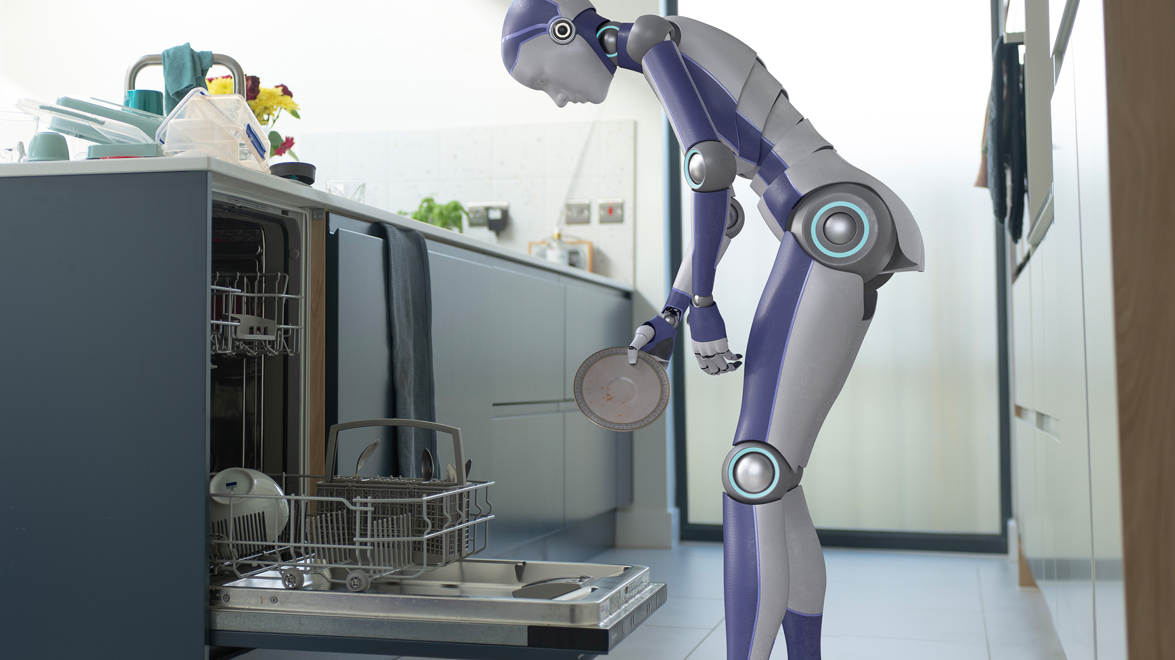 A digital illustration shows a humanoid robot with purple and white body loading a dirty plate on a dishwasher in a modern bright kitchen.