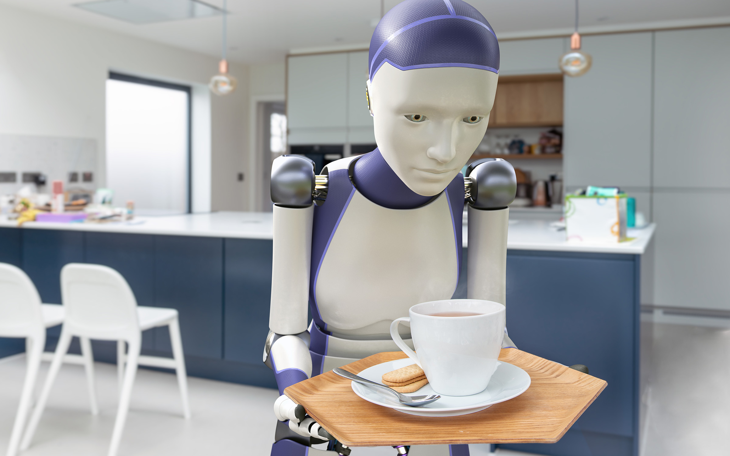 A digital illustration of a humanoid robot carrying a tray with coffee and cookies in a modern looking home.