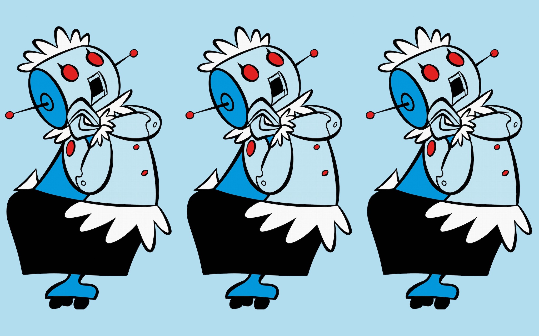 Three identical copies of Rosie the robot maid from The Jetsons next to each other against a light blue background.