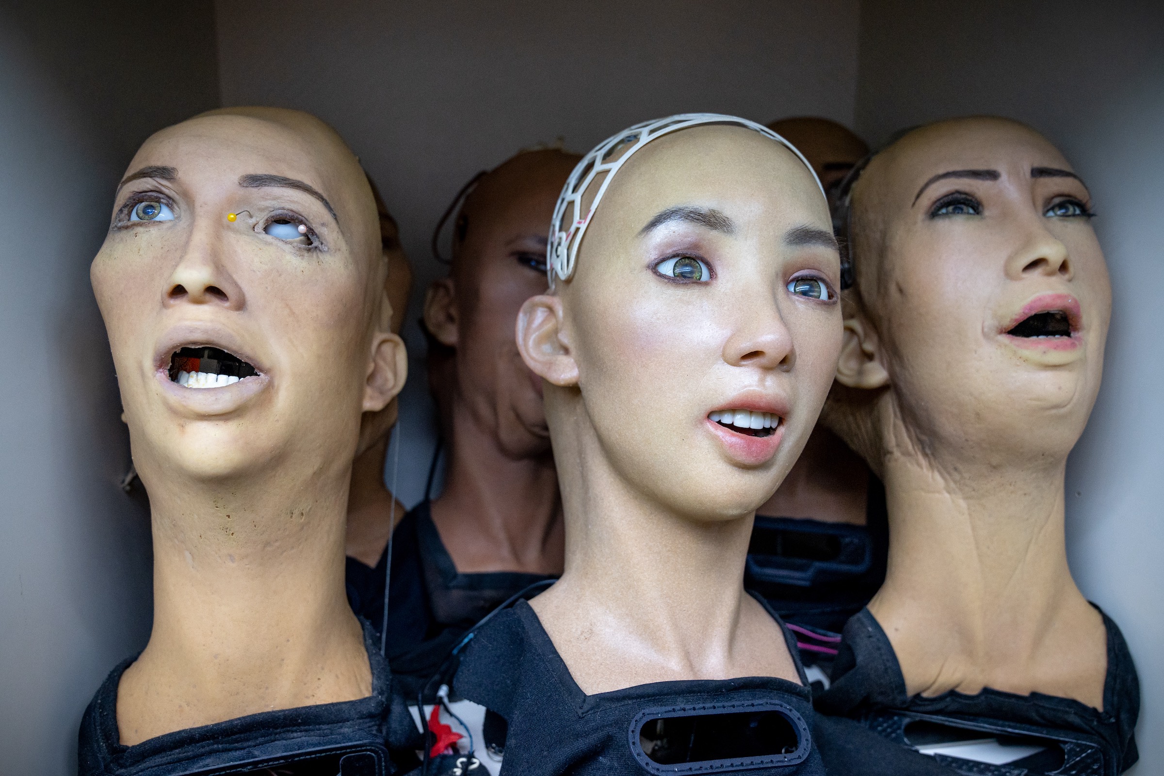 About half-dozen lifelike robotic heads with rubber-like skin and eyes and teeth that look real sit on a shelf.