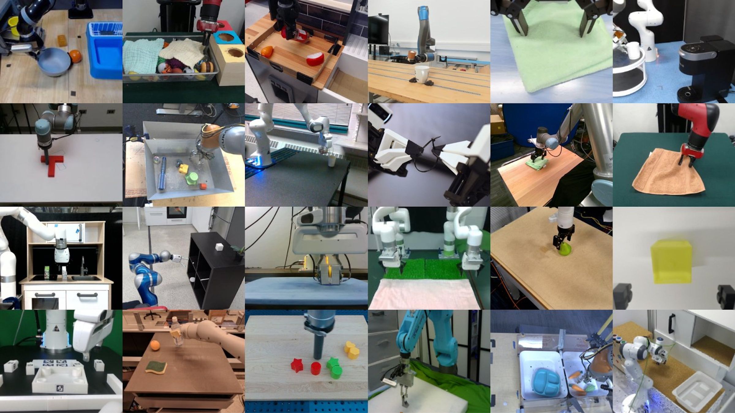 A photo collage showing over a dozen robot arms performing various grasping and manipulation tasks.