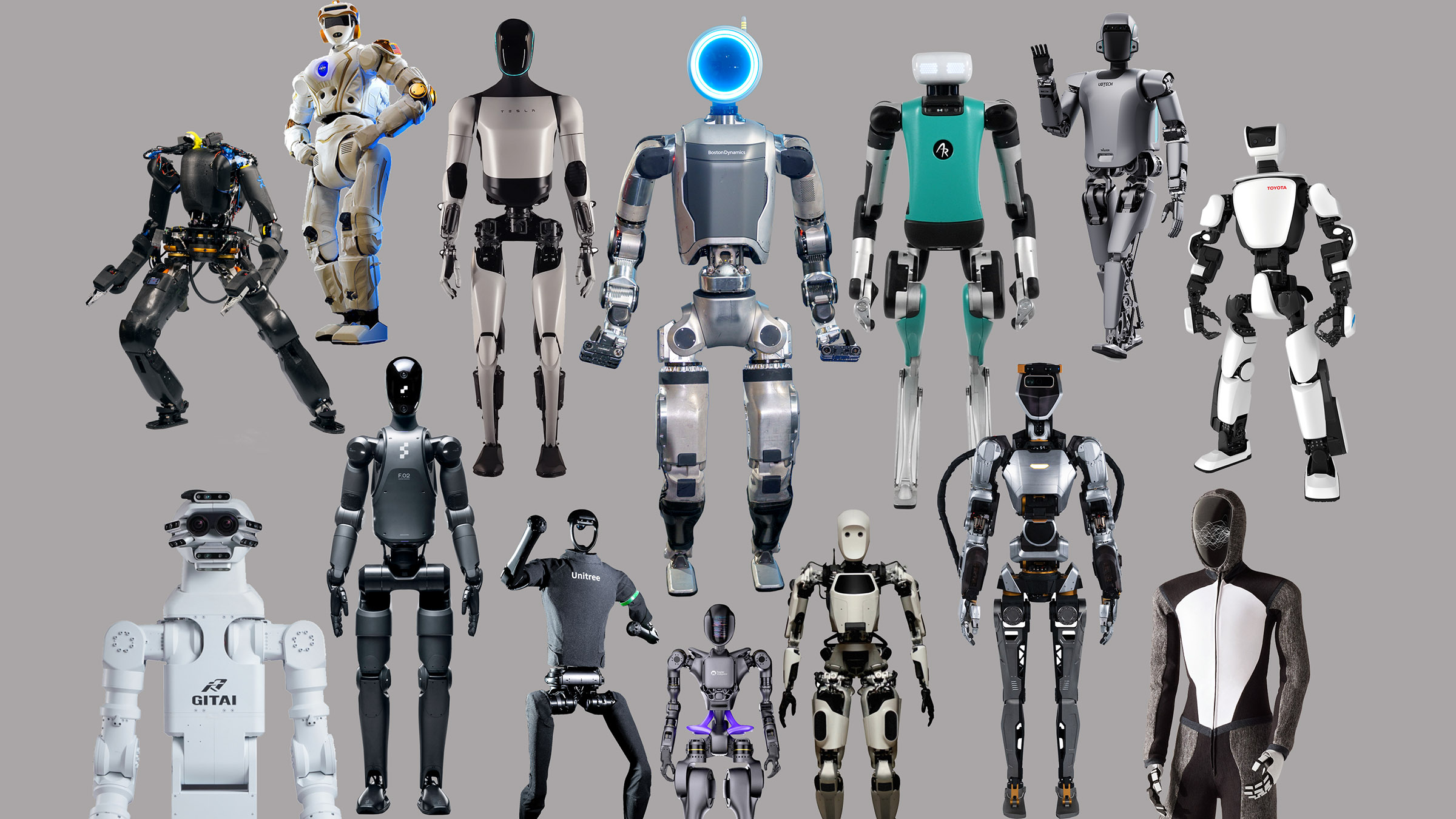 A photo collage showing fourteen advanced AI humanoid robots: Nadia from IHMC, Valkyrie from NASA, Optimus from Tesla, Atlas from Boston Dynamics, Digit from Agility Robotics, Walker S1 from UBTECH, T-HR3 from Toyota, Neo from 1X Technologies, Phoenix from Sanctuary AI, Apollo from Apptronik, GR-1 from Fourier Intelligence, H1 from Unitree Robotics, Figure 02 from Figure AI, and G1 from Gitai.