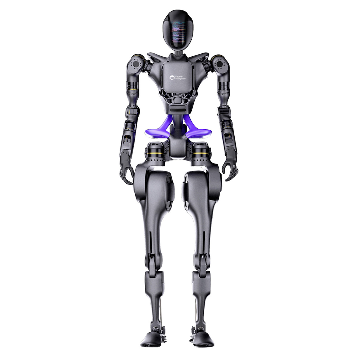 A humanoid robot about the size of an adult person, with a gray and purple body, stands facing forward.