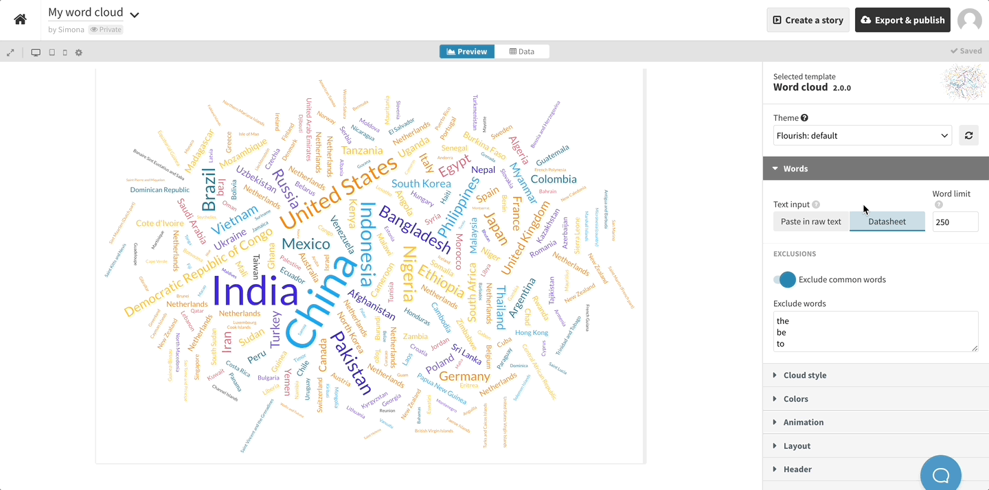 A GIF showing how to switch between the two text inputs in the Flourish Word cloud template