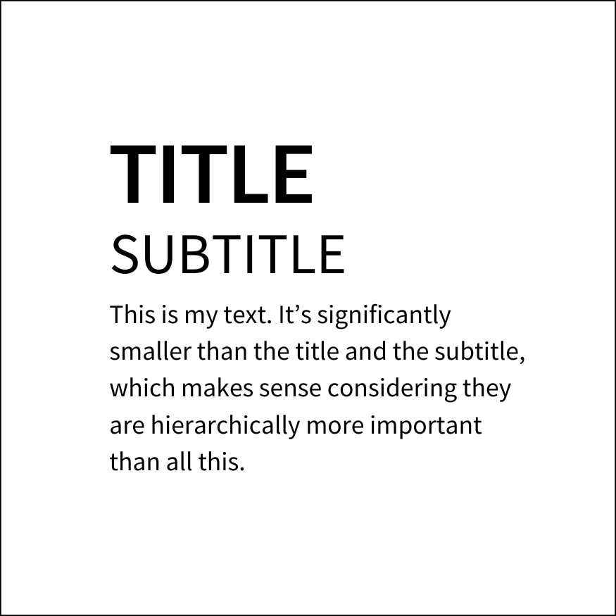 Image with text aiming to show the basic principles of visual hierarchy. The text is: Title. Subtitle. Paragraph with text.