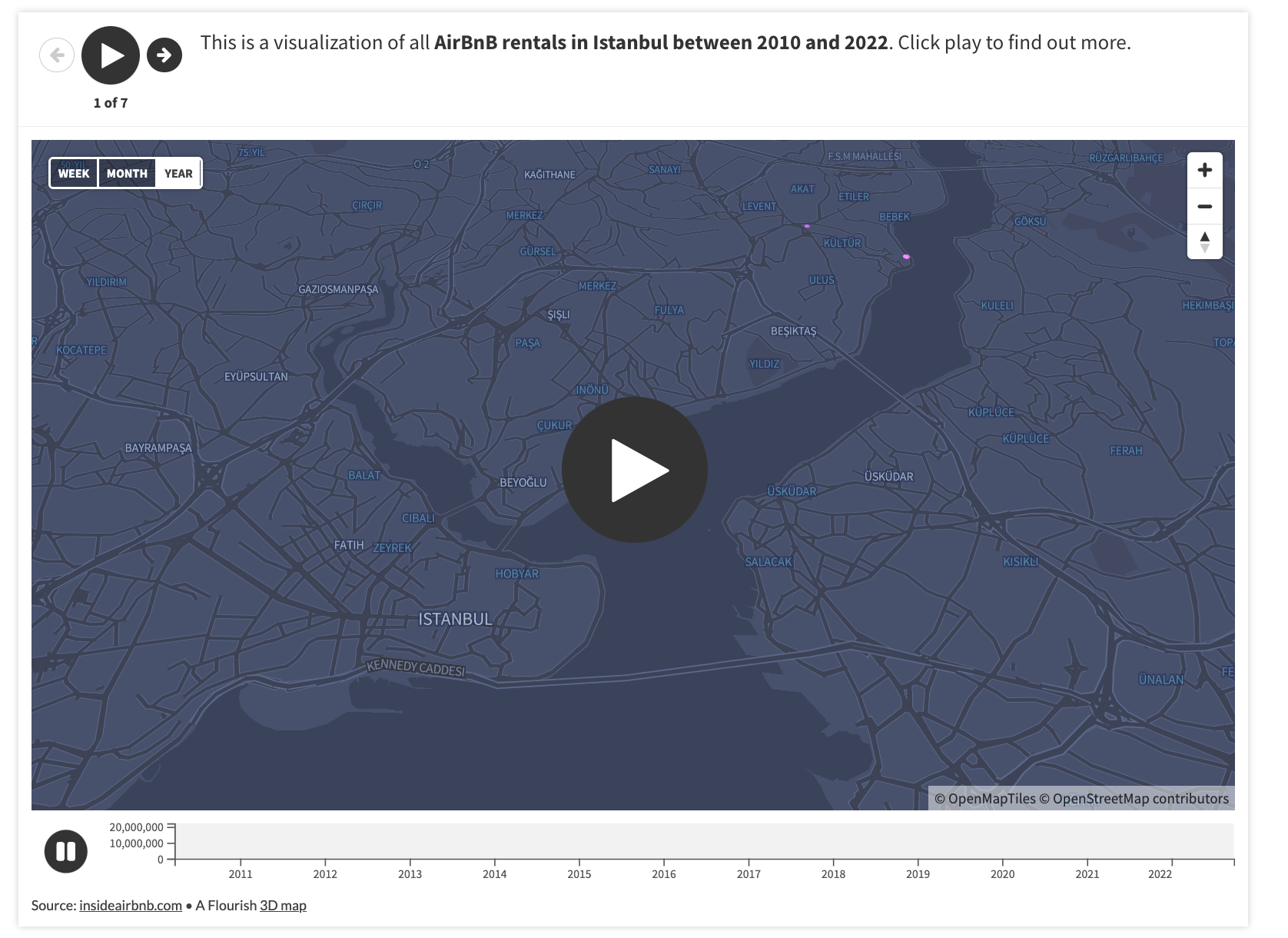 Screenshot of a Flourish animated map that visualizes the jaw-dropping rise of Airbnb properties in Istanbul