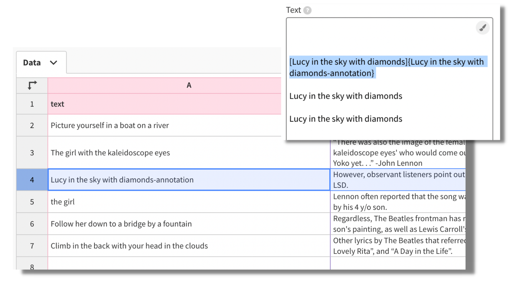 Screenshot of the Flourish editor and data tabs to showcase how users can add identations to the Text Annotator template