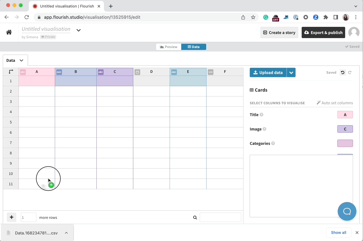 Screenshot of the Flourish data tab showcasing the automated column selection feature