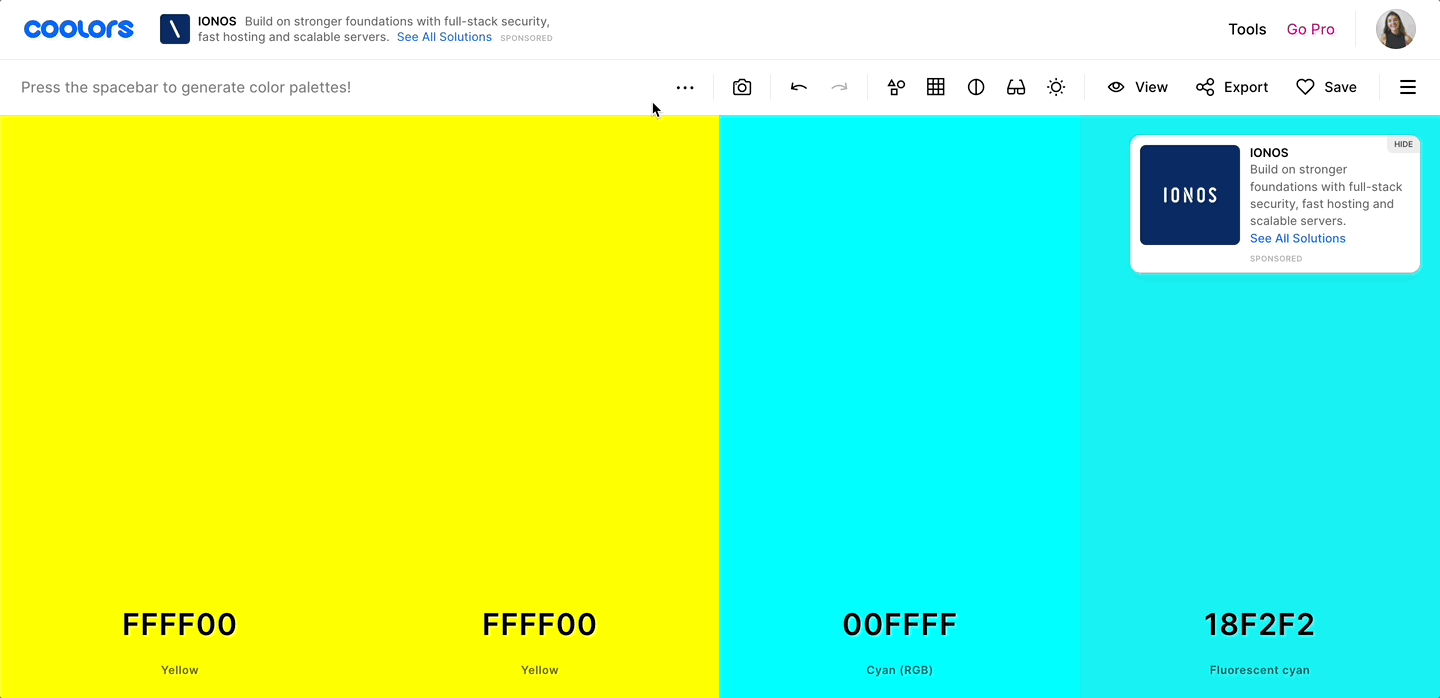Screenshot demonstrating how users can create a softer yellow color by adjusting saturation and hue in the tool coolors.co
