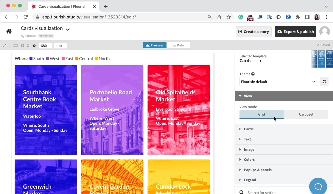 Screenshot of the Flourish preview editor, from where users can organize their blocks of content in a grid or a carousel format