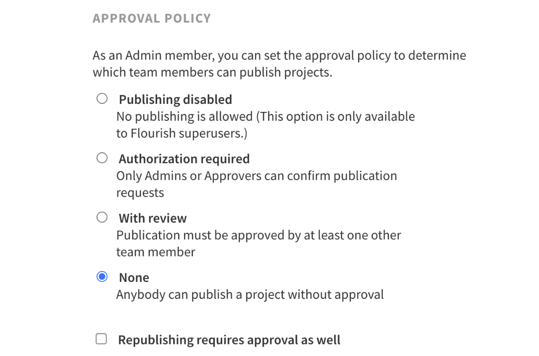 A screenshot showing the available approval workflow options in Flourish