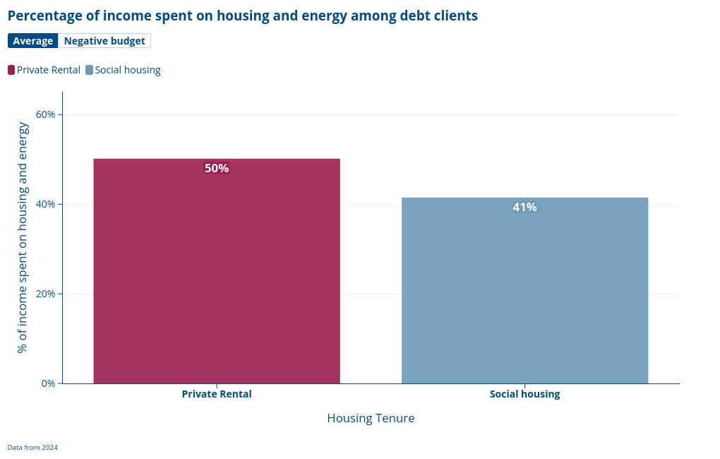 Percentage of income spent on housing and energy among debt clients