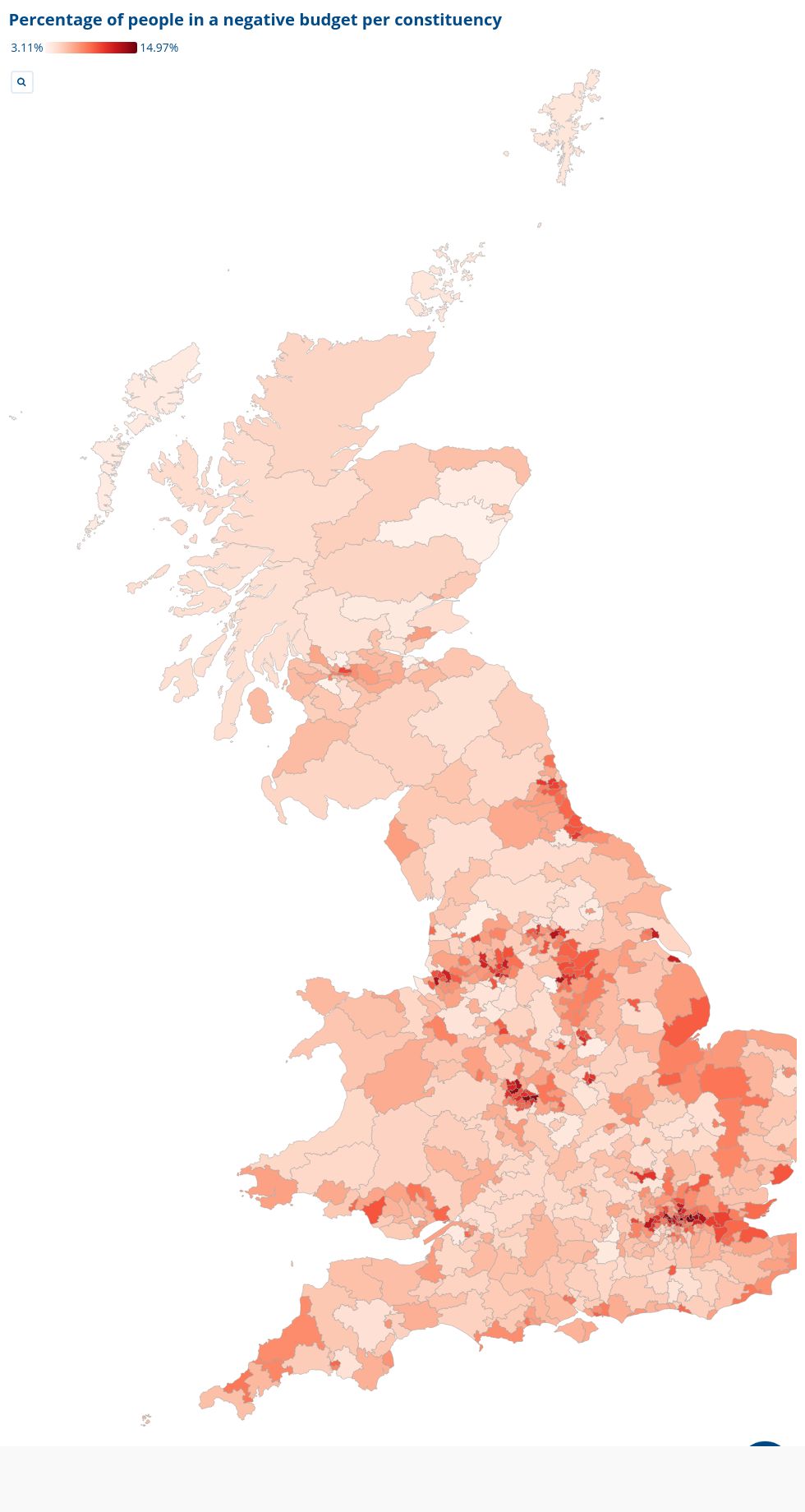 Percentage of households in a negative budget by constituency