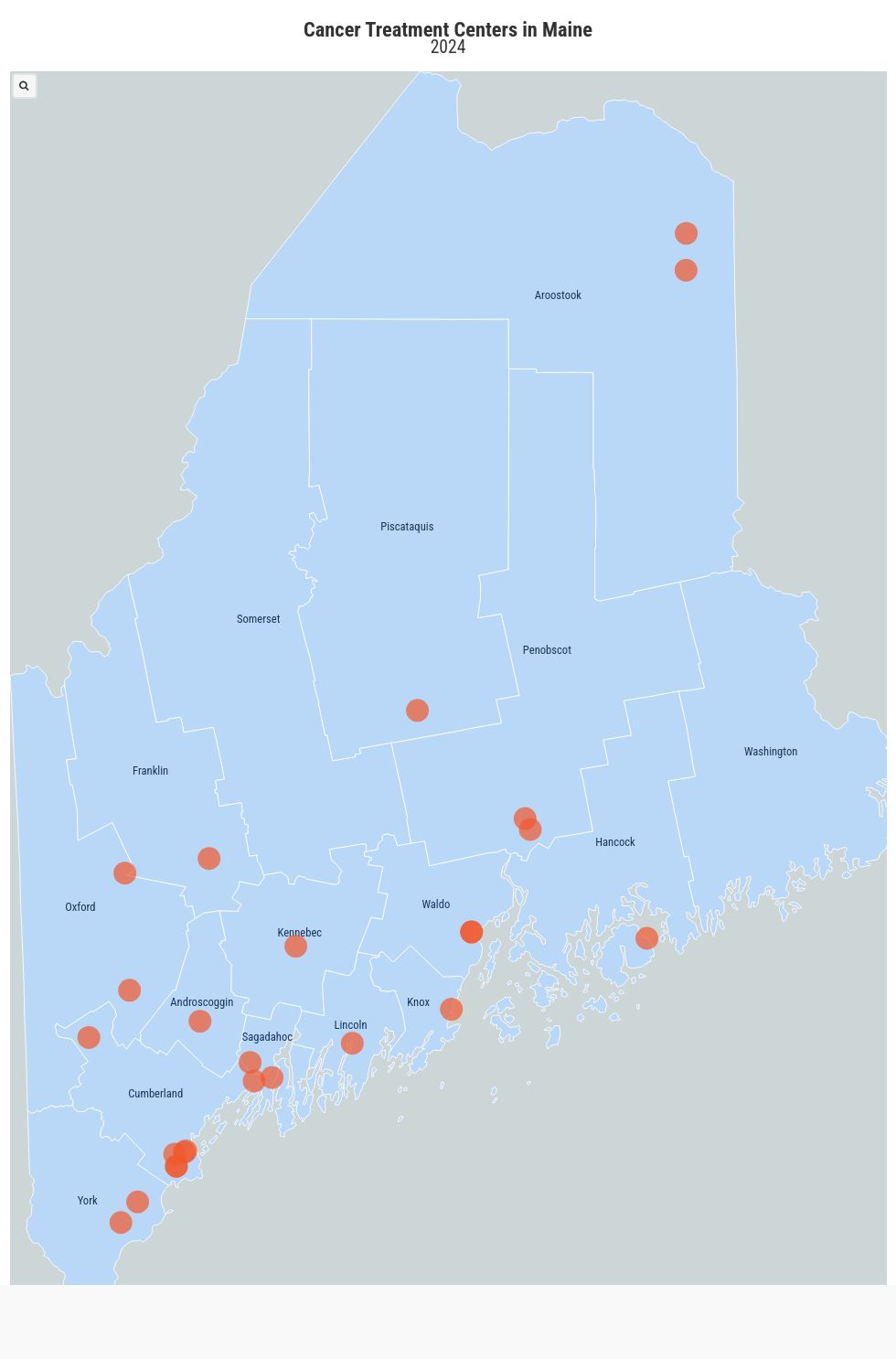 map visualization showing the location of cancer treatment centers in Maine