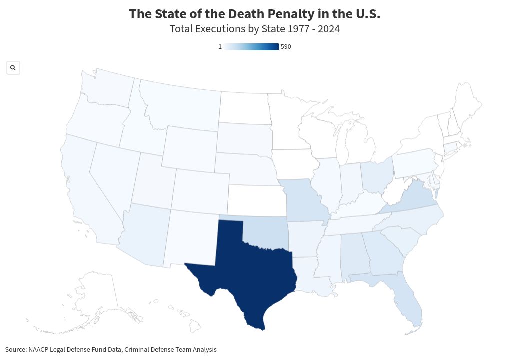 us map chart of current death row prisoners by state