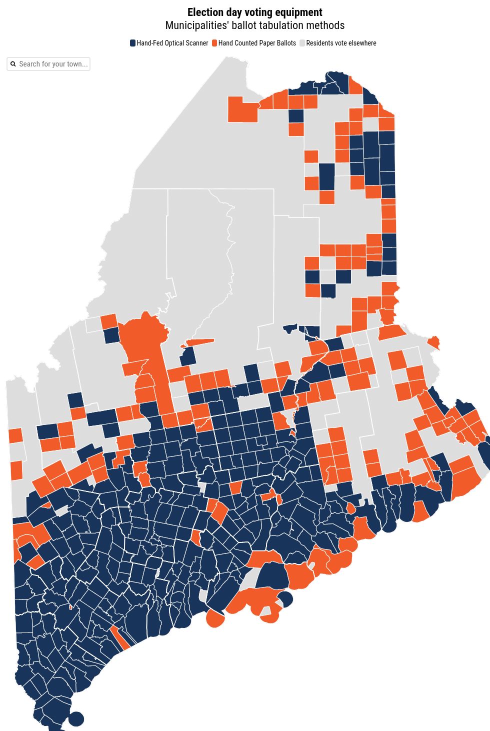 map visualization about Election day voting equipment that shows the municipalities' ballot tabulation method